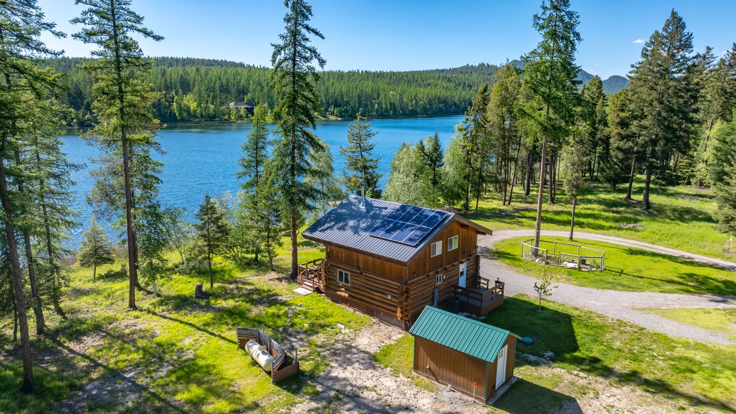 aerial view of lake view cabin